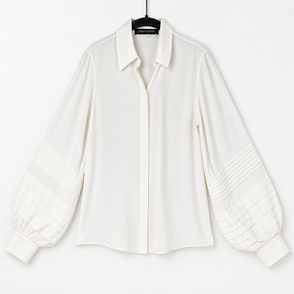 Louis Vuitton Uniform Blouse Womens 34 XS Ivory Pleated Balloon Sleeve Shirt